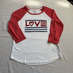 EV1 Love Graphic Baseball Tee Blue Red White Raglan Long Sleeve Shirt Women’s M